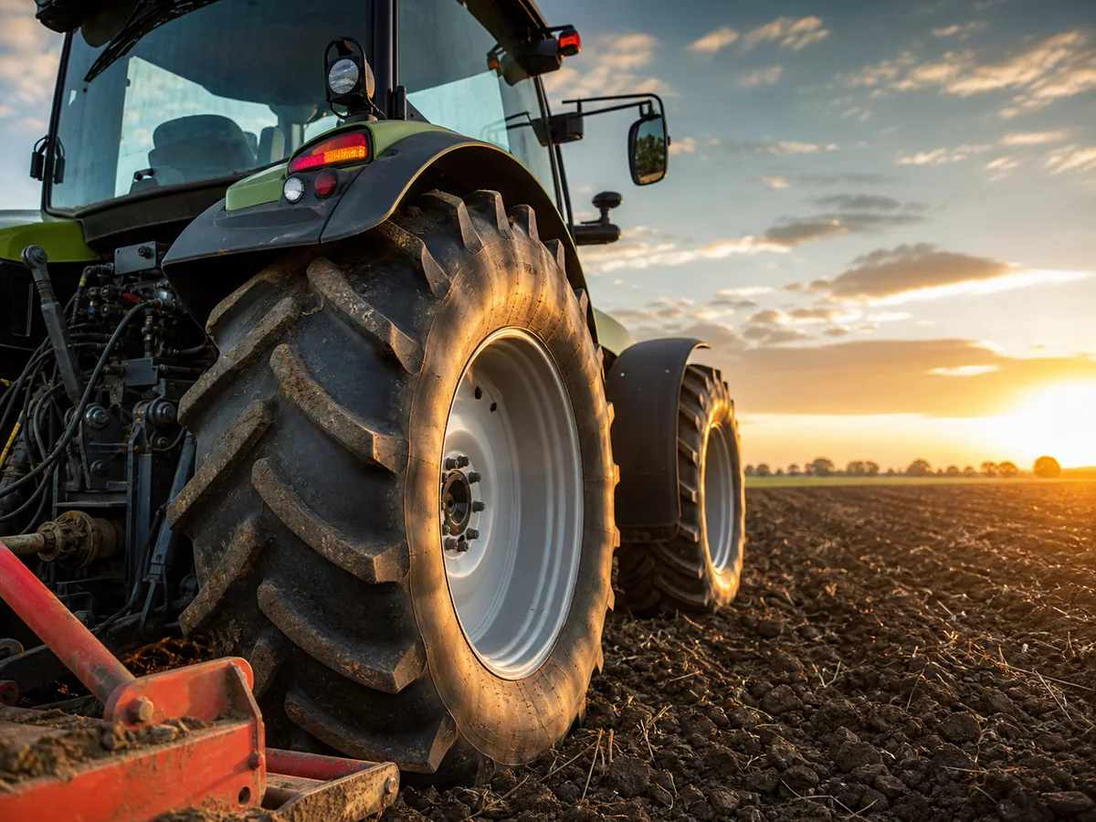 Pneu agricole radial monté sur un tracteur au travail