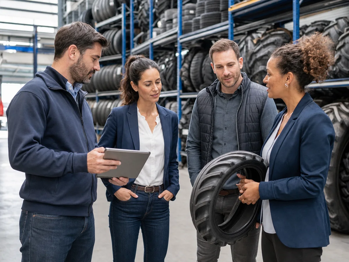Équipe commerciale dans un entrepôt professionnel de pneumatiques